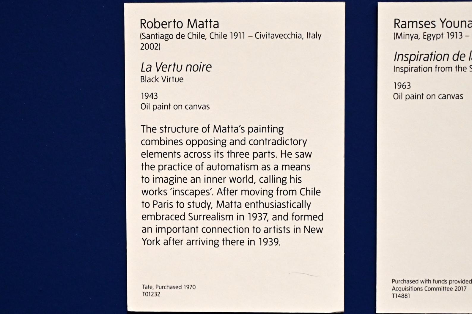 Roberto Antonio Sebastián Matta (1939–1970), Dunkle Tugend, London, Tate Modern, Ausstellung "Surrealism Beyond Borders" vom 24.02.-29.08.2022, Saal 11, 1943, Bild 2/2