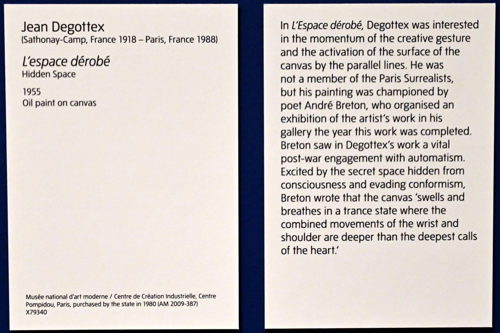 Jean Degottex (1955–1967), Der verborgene Raum, London, Tate Modern, Ausstellung "Surrealism Beyond Borders" vom 24.02.-29.08.2022, Saal 11, 1955, Bild 2/2