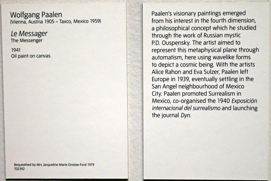 Wolfgang Paalen (1936–1941), Der Bote, London, Tate Modern, Ausstellung "Surrealism Beyond Borders" vom 24.02.-29.08.2022, Saal 11, 1941, Bild 2/2