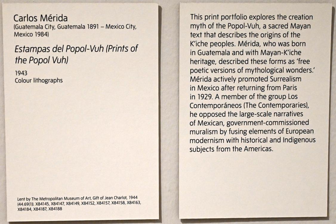 Carlos Mérida (1943), Estampas del Popol-Vuh (Drucke aus dem Popol Vuh), London, Tate Modern, Ausstellung "Surrealism Beyond Borders" vom 24.02.-29.08.2022, Saal 11, 1943, Bild 2/2