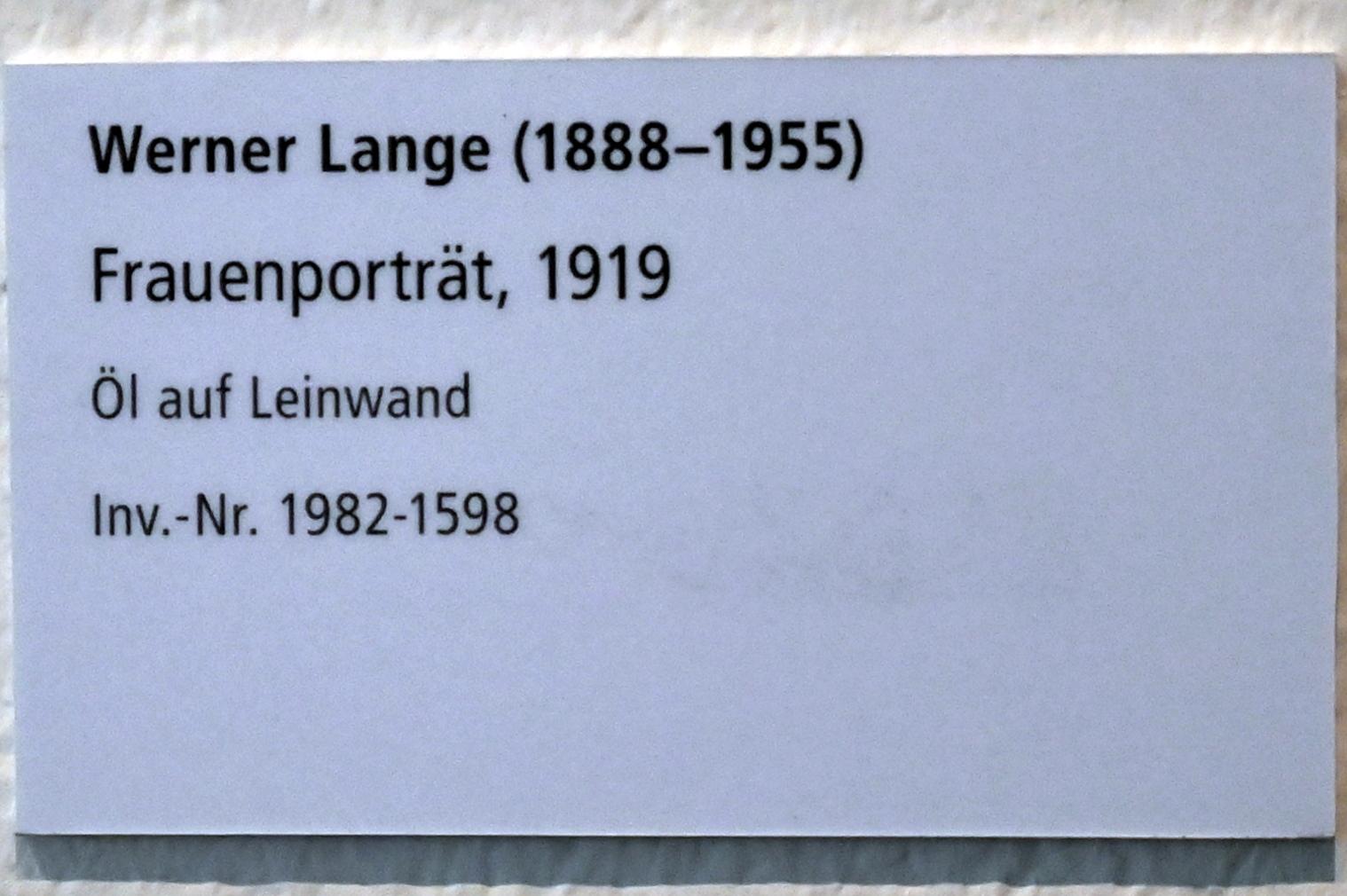 Werner Lange (1919), Frauenporträt, Schleswig, Landesmuseum für Kunst und Kulturgeschichte, Galerie der Klassischen Moderne, 1919, Bild 2/2