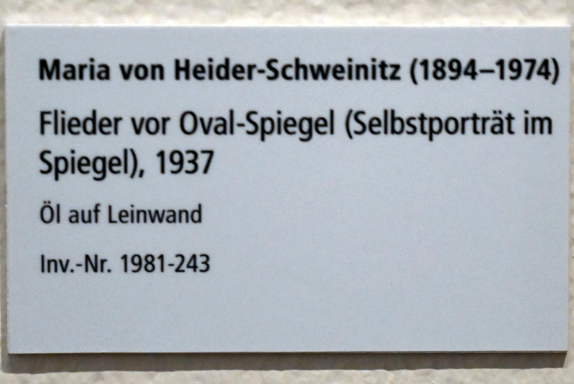 Maria von Heider-Schweinitz (1937), Flieder vor Oval-Spiegel (Selbstporträt im Spiegel), Schleswig, Landesmuseum für Kunst und Kulturgeschichte, Galerie der Klassischen Moderne, 1937, Bild 2/2