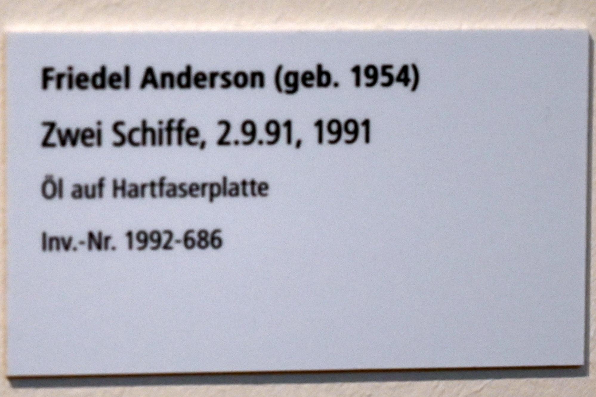 Friedel Anderson (1991–2012), Zwei Schiffe, 2.9.91, Schleswig, Landesmuseum für Kunst und Kulturgeschichte, Galerie der Klassischen Moderne, 1991, Bild 2/2