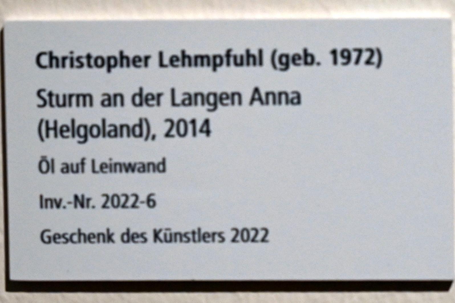 Christopher Lehmpfuhl (1986–2014), Sturm an der Langen Anna (Helgoland), Schleswig, Landesmuseum für Kunst und Kulturgeschichte, Galerie der Klassischen Moderne, 2014, Bild 3/3