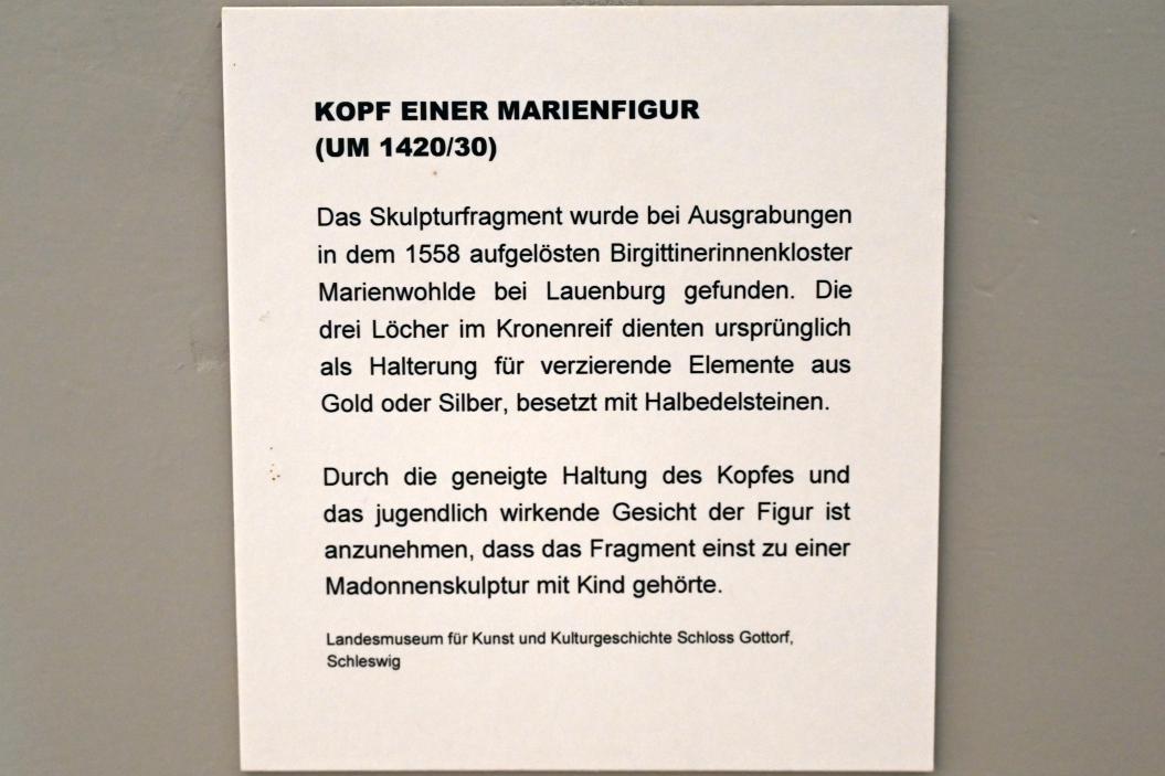 Kopf einer Marienfigur, Lankau, ehem. Birgittenkloster Marienwohlde, jetzt Schleswig, Landesmuseum für Kunst und Kulturgeschichte, Saal 1, um 1420–1430, Bild 2/2
