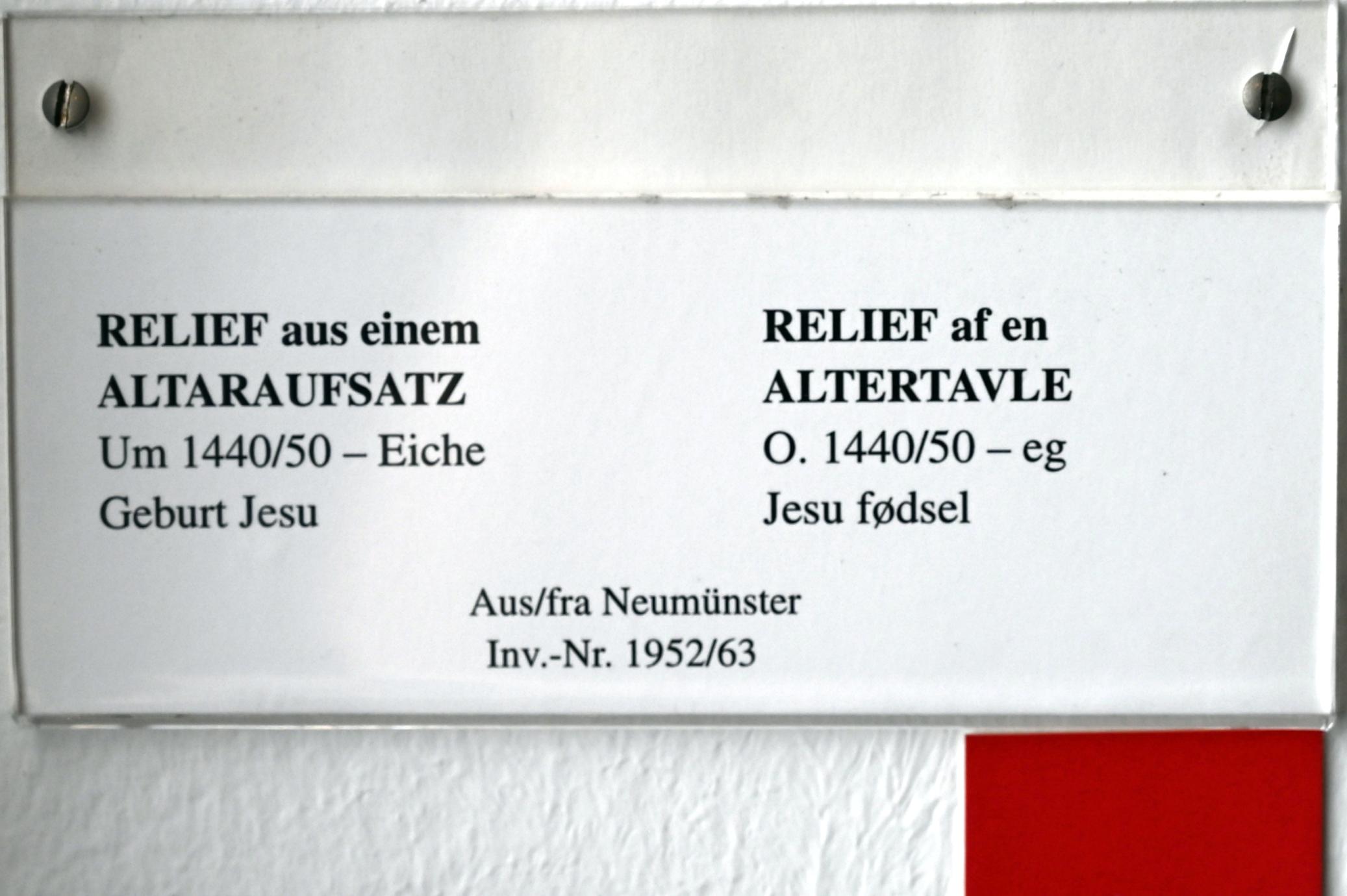 Relief aus einem Altaraufsatz, Neumünster, ehem. Bartholomäuskirche, jetzt Schleswig, Landesmuseum für Kunst und Kulturgeschichte, Saal 1, um 1440–1450, Bild 2/2