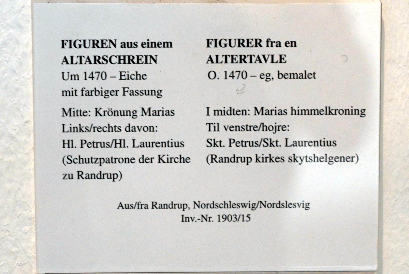 Figuren aus einem Altarschrein, Randerup Sogn, Laurentiuskirche, jetzt Schleswig, Landesmuseum für Kunst und Kulturgeschichte, Saal 1, um 1470, Bild 2/2