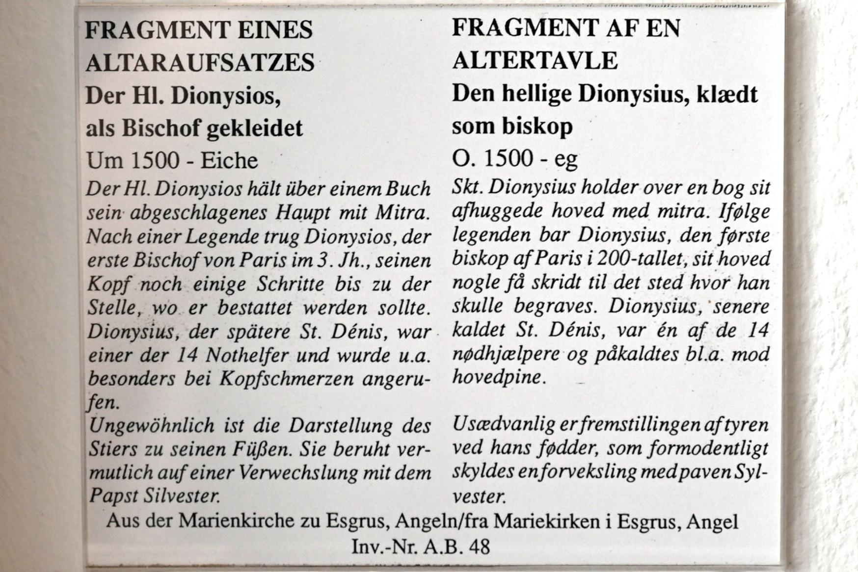 Der Hl. Dionysius, als Bischof gekleidet, Esgrus, St.-Marien-Kirche, jetzt Schleswig, Landesmuseum für Kunst und Kulturgeschichte, Saal 3, um 1500, Bild 2/2