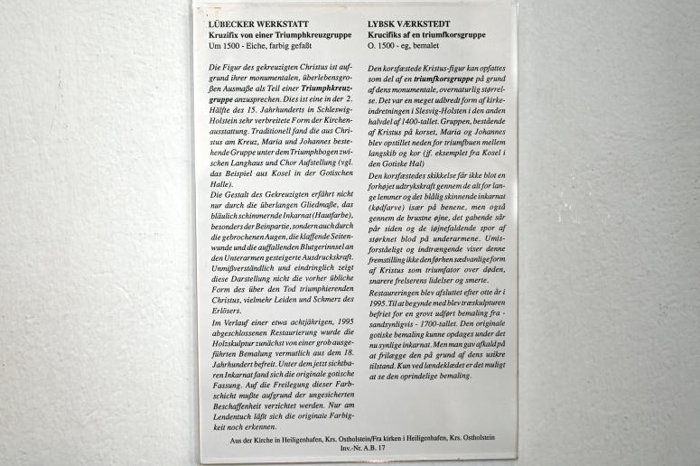 Kruzifix von einer Triumphkreuzgruppe, Heiligenhafen, Stadtkirche, jetzt Schleswig, Landesmuseum für Kunst und Kulturgeschichte, Saal 3, um 1500, Bild 2/2