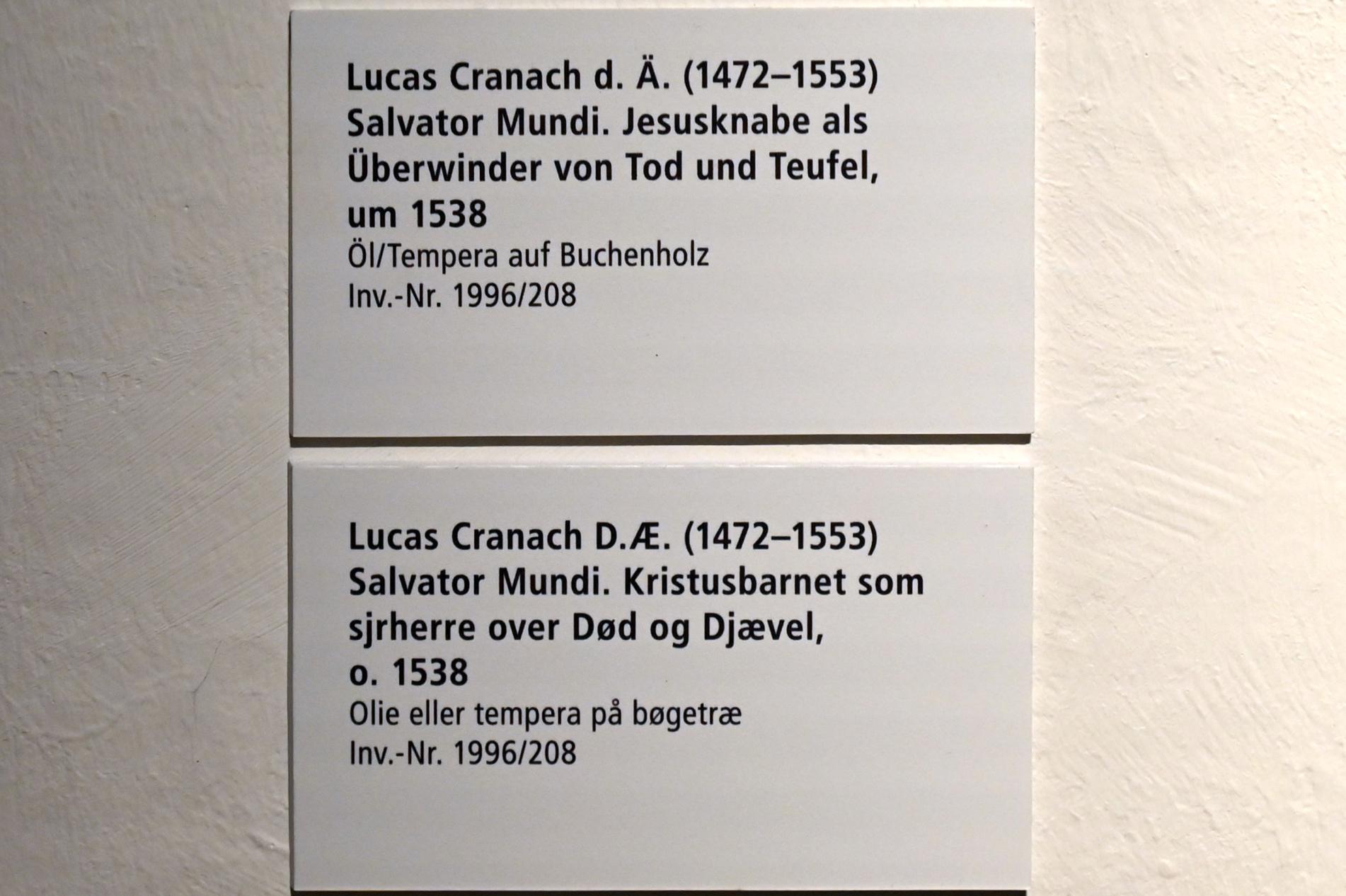 Lucas Cranach der Ältere (1502–1550), Salvator Mundi. Jesusknabe als Überwinder von Tod und Teufel, Schleswig, Landesmuseum für Kunst und Kulturgeschichte, Saal 4, um 1538, Bild 2/2