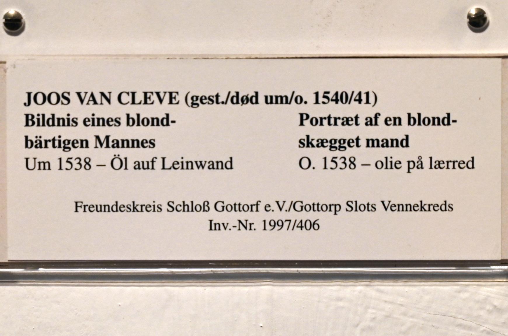 Joos van Cleve (Joos van der Beke) (1507–1538), Bildnis eines blondbärtigen Mannes, Schleswig, Landesmuseum für Kunst und Kulturgeschichte, Saal 5, um 1538, Bild 2/2