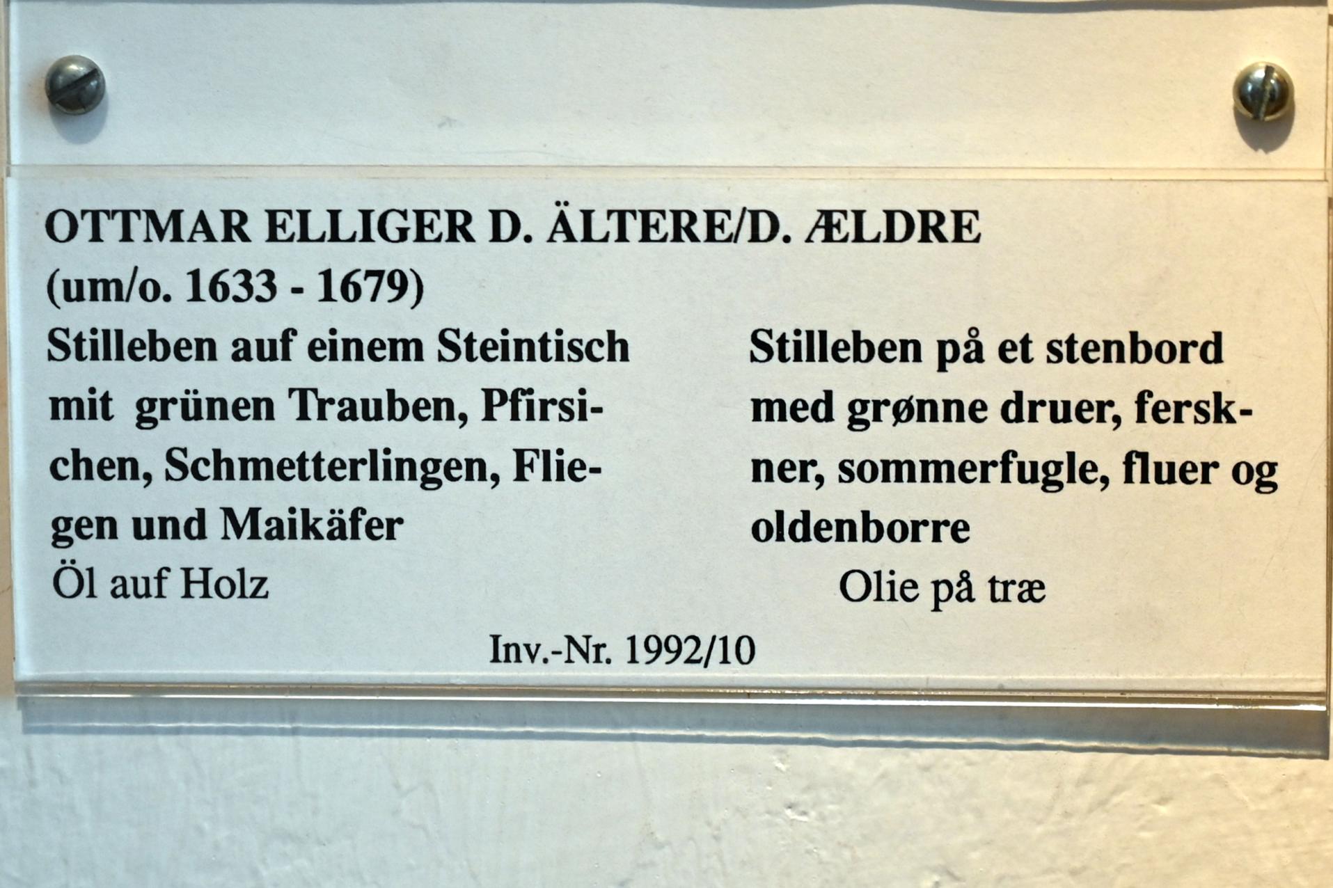 Ottmar Elliger der Ältere (1666), Stillleben auf einem Steintisch mit grünen Trauben, Pfirsichen, Schmetterlingen, Fliegen und Maikäfer, Schleswig, Landesmuseum für Kunst und Kulturgeschichte, Saal 21, Undatiert, Bild 2/2