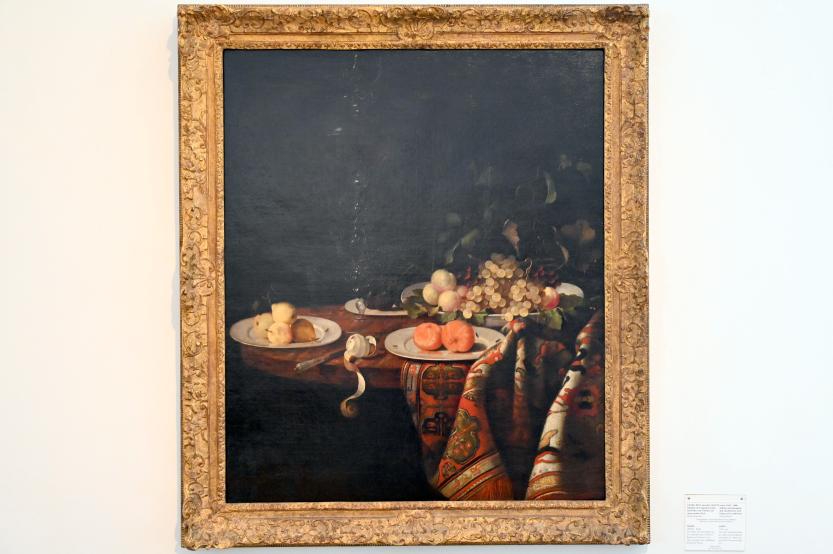 Georg Hinz (1666–1675): Stillleben mit Glaspokal, Schale und Tellern mit Früchten auf einem runden Tisch, Undatiert