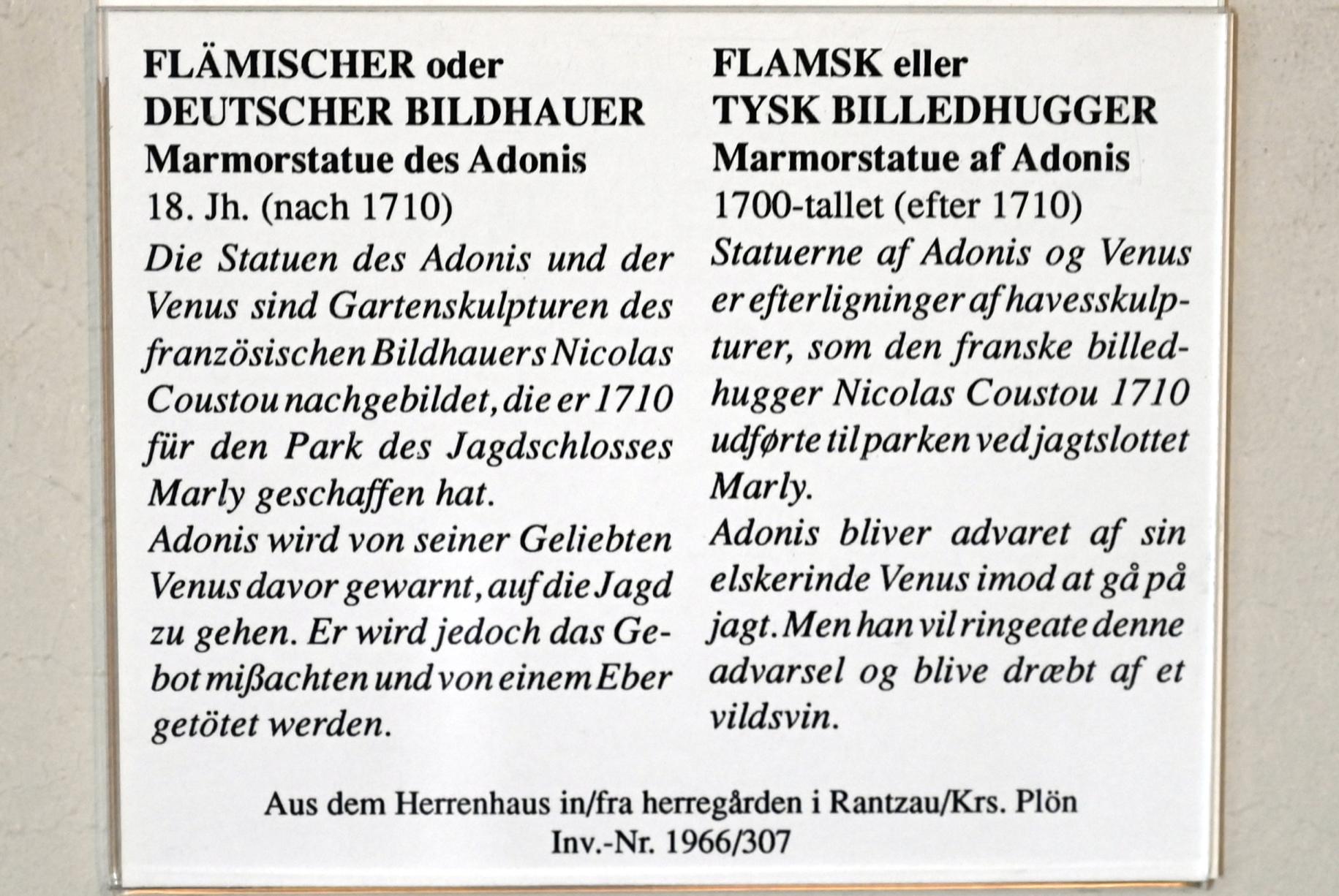 Marmorstatue des Adonis, Rantzau, Schloss Rantzau, jetzt Schleswig, Landesmuseum für Kunst und Kulturgeschichte, Saal 20, nach 1710, Bild 3/3