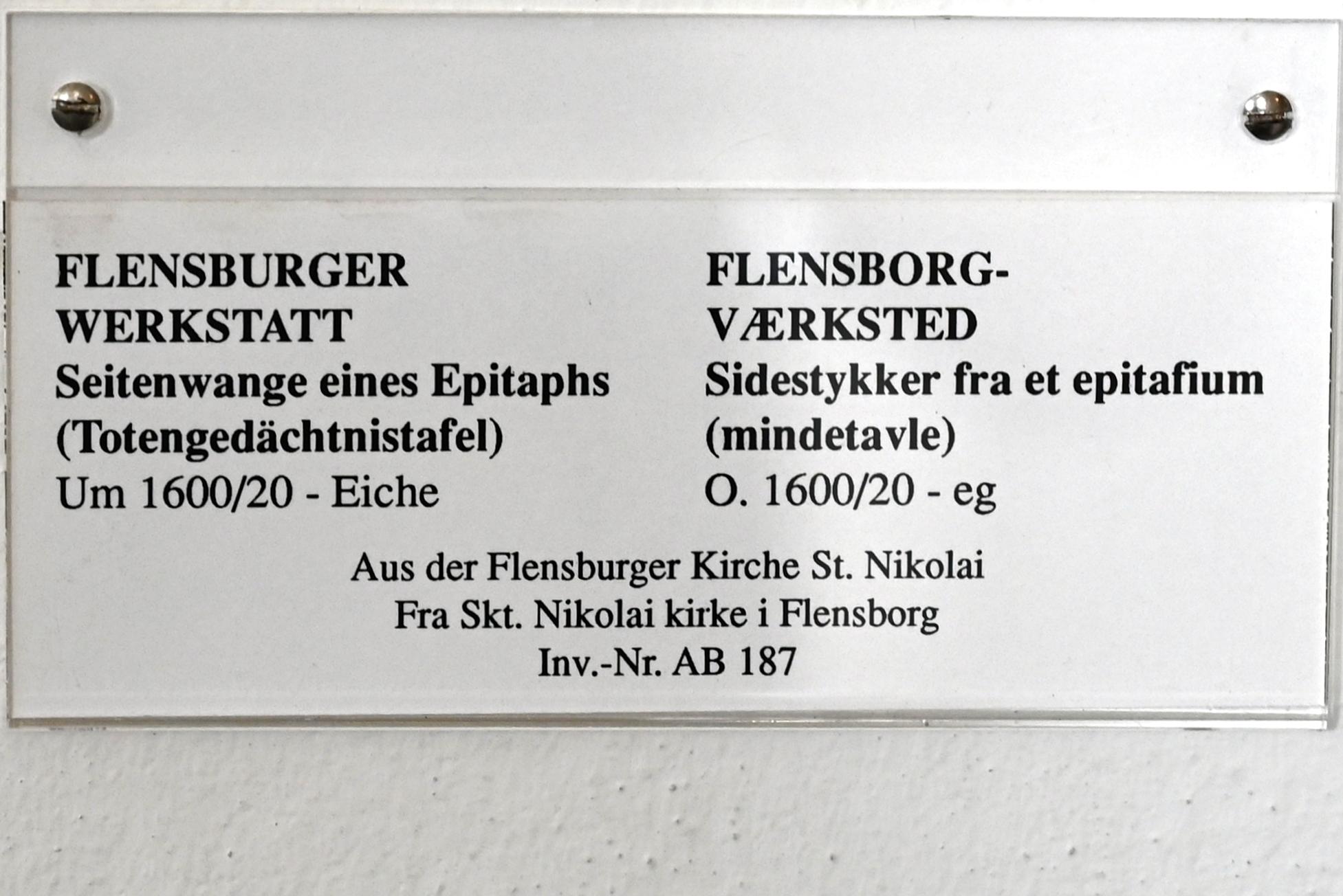 Seitenwange eines Epitaphs (Totengedächtnistafel), Flensburg, St.-Nikolai-Kirche, jetzt Schleswig, Landesmuseum für Kunst und Kulturgeschichte, Saal 20, um 1600–1620, Bild 3/3