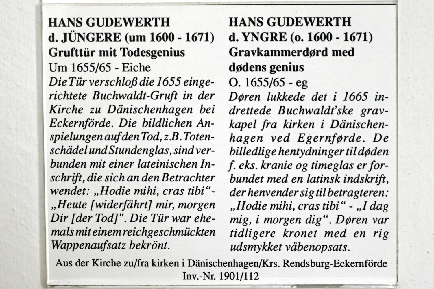 Hans Gudewerth der Jüngere (1652–1660), Grufttür mit Todesgenius, Dänischenhagen, Kirche, jetzt Schleswig, Landesmuseum für Kunst und Kulturgeschichte, Saal 20, um 1655–1665, Bild 2/2