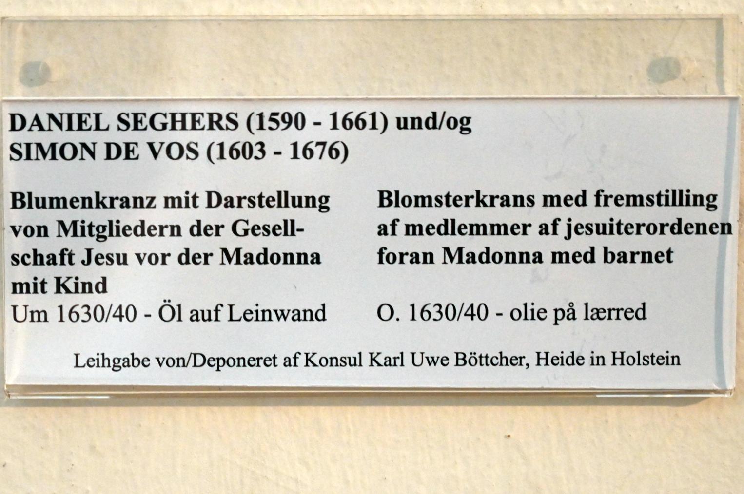 Daniel Seghers (1626–1645), Blumenkranz mit Darstellung von Mitgliedern der Gesellschaft Jesu vor der Madonna mit Kind, Schleswig, Landesmuseum für Kunst und Kulturgeschichte, Saal 22, um 1630–1640, Bild 2/2