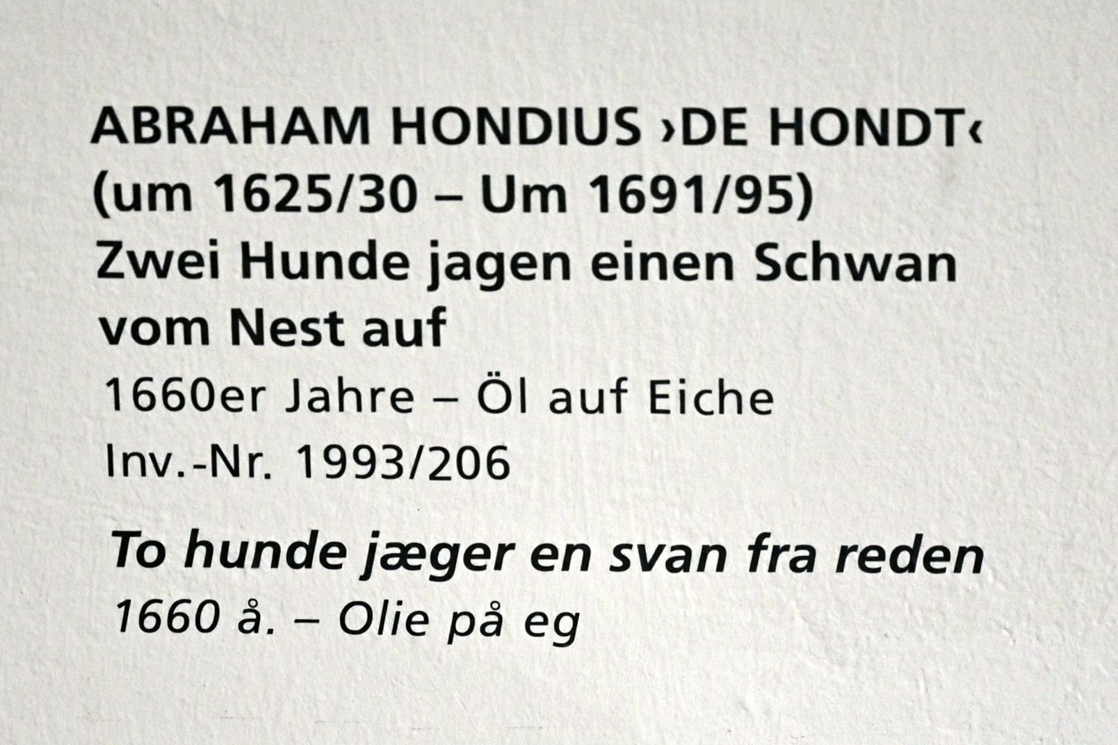 Abraham Hondius (1665), Zwei Hunde jagen einen Schwan vom Nest auf, Schleswig, Landesmuseum für Kunst und Kulturgeschichte, Saal 23, um 1660–1670, Bild 2/2