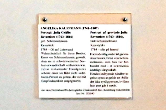 Angelika Kauffmann (1760–1798), Portrait Julia Gräfin Reventlow (1763-1816), geb. Schimmelmann, Emkendorf, Gut Emkendorf, jetzt Schleswig, Landesmuseum für Kunst und Kulturgeschichte, Saal 36, 1784, Bild 2/2