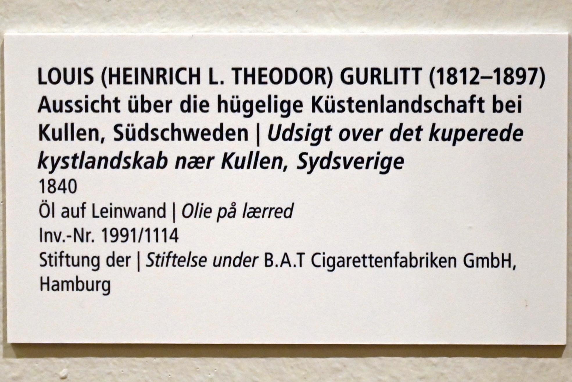 Louis Gurlitt (1840–1864), Aussicht über die hügelige Küstenlandschaft bei Kullen, Südschweden, Schleswig, Landesmuseum für Kunst und Kulturgeschichte, Saal 45, 1840, Bild 2/2