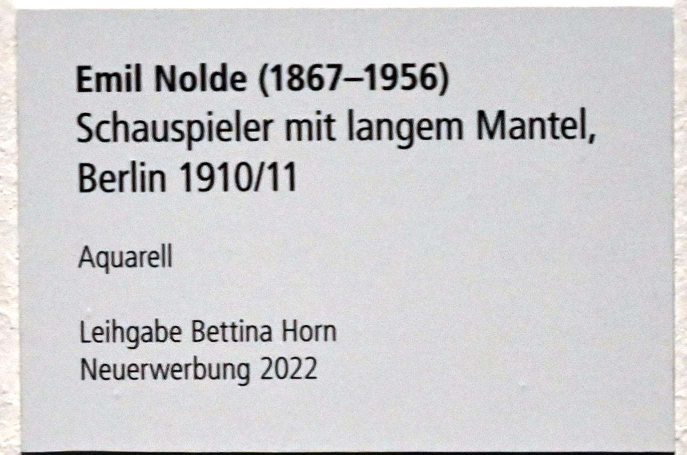 Emil Nolde (1903–1946), Schauspieler mit langem Mantel, Schleswig, Landesmuseum für Kunst und Kulturgeschichte, Sammlung Rolf Horn, 1910–1911, Bild 2/2