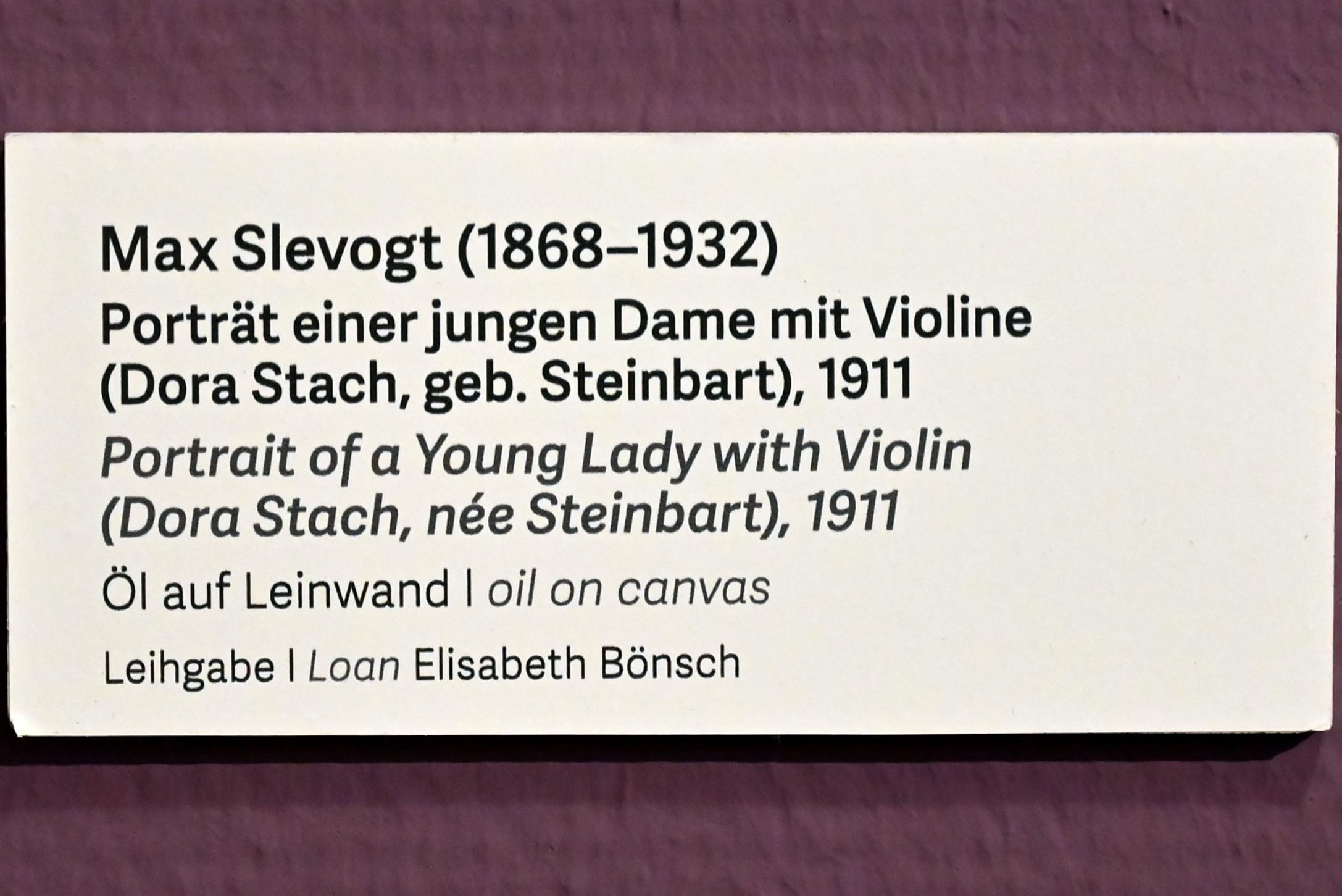 Max Slevogt (1886–1931), Portrait einer jungen Dame mit Violine (Dora Stach, geb. Steinbart), Schleswig, Landesmuseum für Kunst und Kulturgeschichte, Kunst im 20. Jh., 1911, Bild 2/2