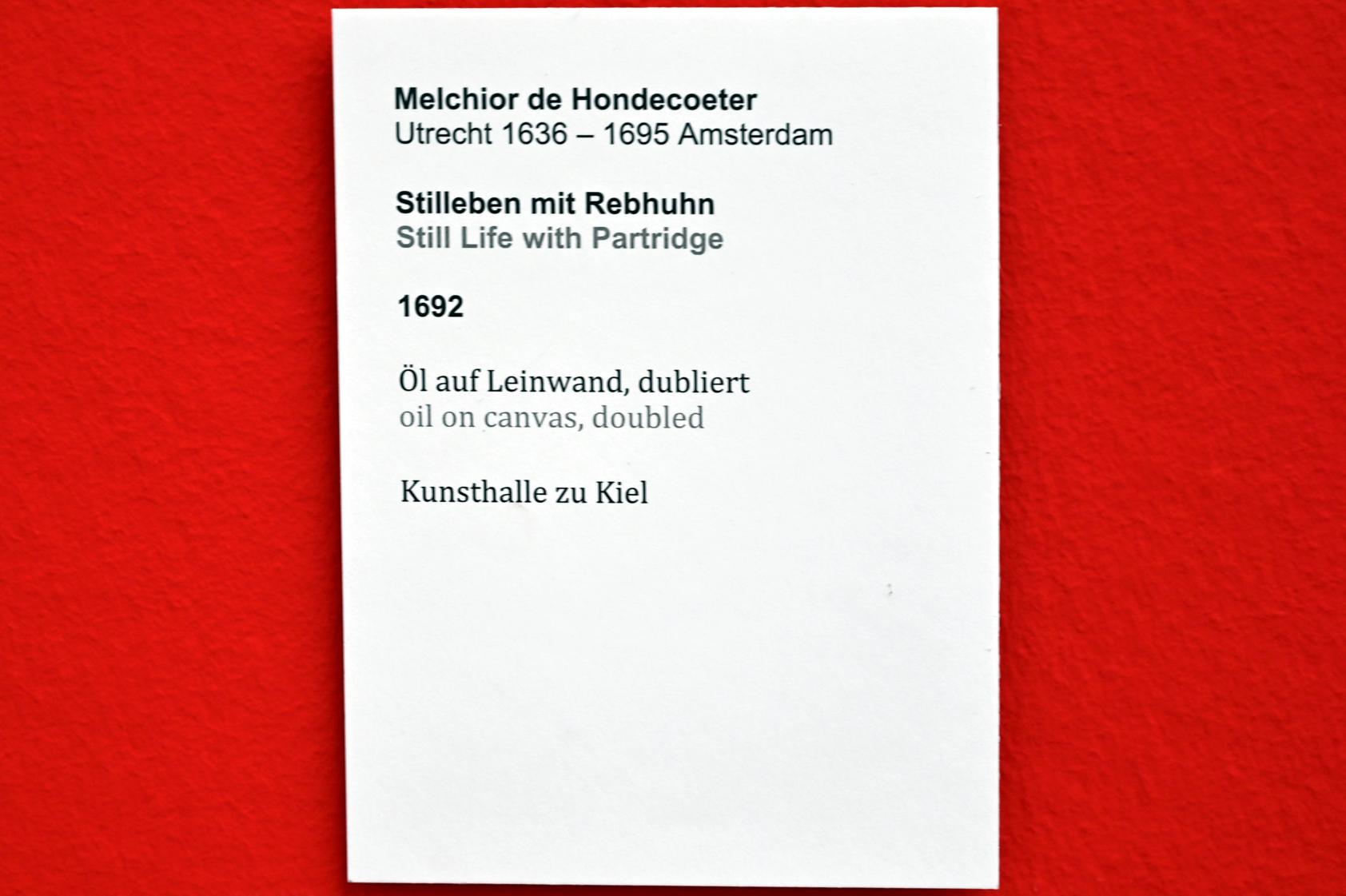 Melchior de Hondecoeter (1670–1695), Stillleben mit Rebuhn, Kiel, Kunsthalle, Stillleben, 1692, Bild 2/2