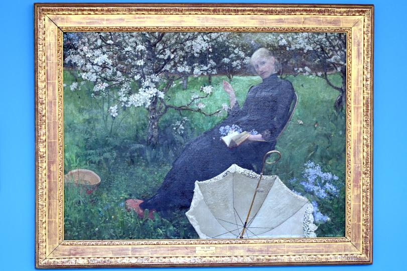 Hans Olde (1882–1916), Unter Blütenbäumen (Minna Olde), Kiel, Kunsthalle, Künstlerinnen um 1900, 1884–1885