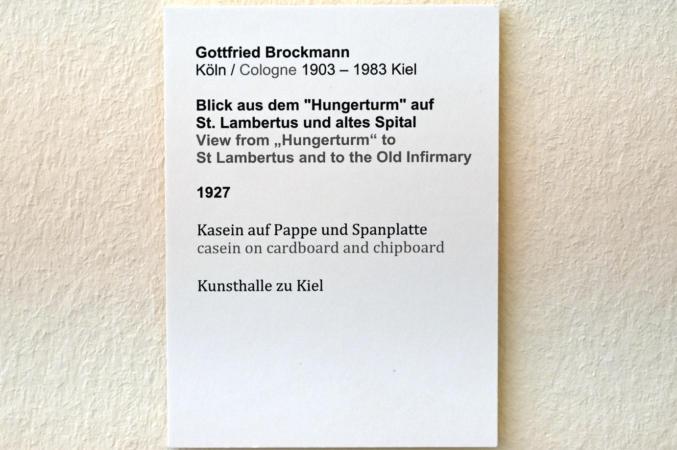 Gottfried Brockmann (1927–1930), Blick aus dem "Hungerturm" auf St. Lambertus und altes Spital, Kiel, Kunsthalle, Interieur, 1927, Bild 2/2