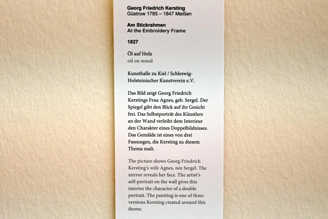 Georg Friedrich Kersting (1811–1835), Am Stickrahmen, Kiel, Kunsthalle, Interieur, 1827, Bild 2/2