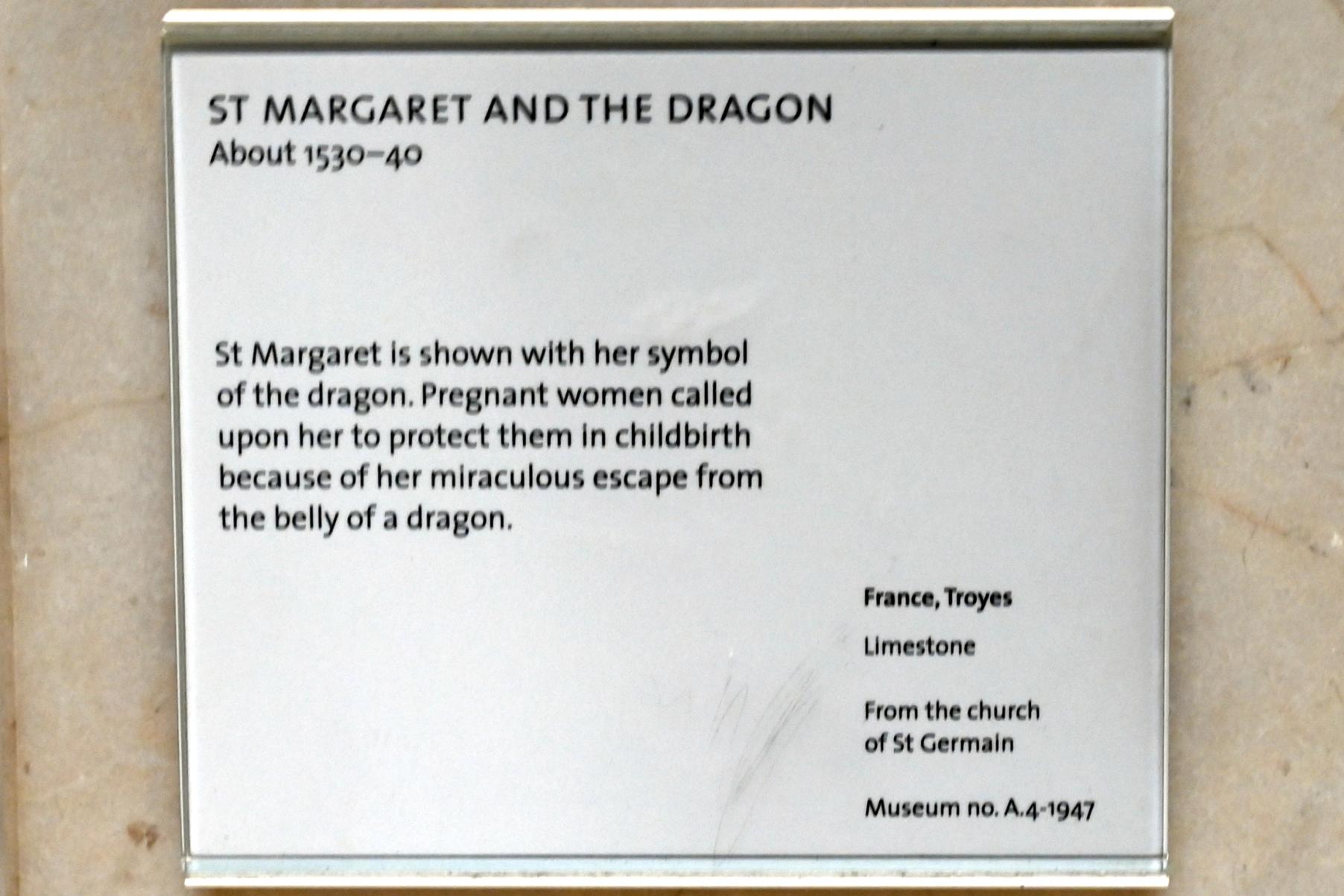 Heilige Margareta mit dem Drachen, Aube, Kirche Saint-Germain, jetzt London, Victoria and Albert Museum, 0. Etage, Mittelalter und Renaissance, um 1530–1540, Bild 2/2
