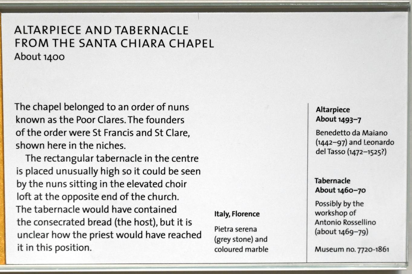 Benedetto da Maiano (1462–1495), Altar, Florenz, ehem. Franziskanerinnenkloster St. Klara, jetzt London, Victoria and Albert Museum, 0. Etage, Mittelalter und Renaissance, um 1493–1497, Bild 2/2