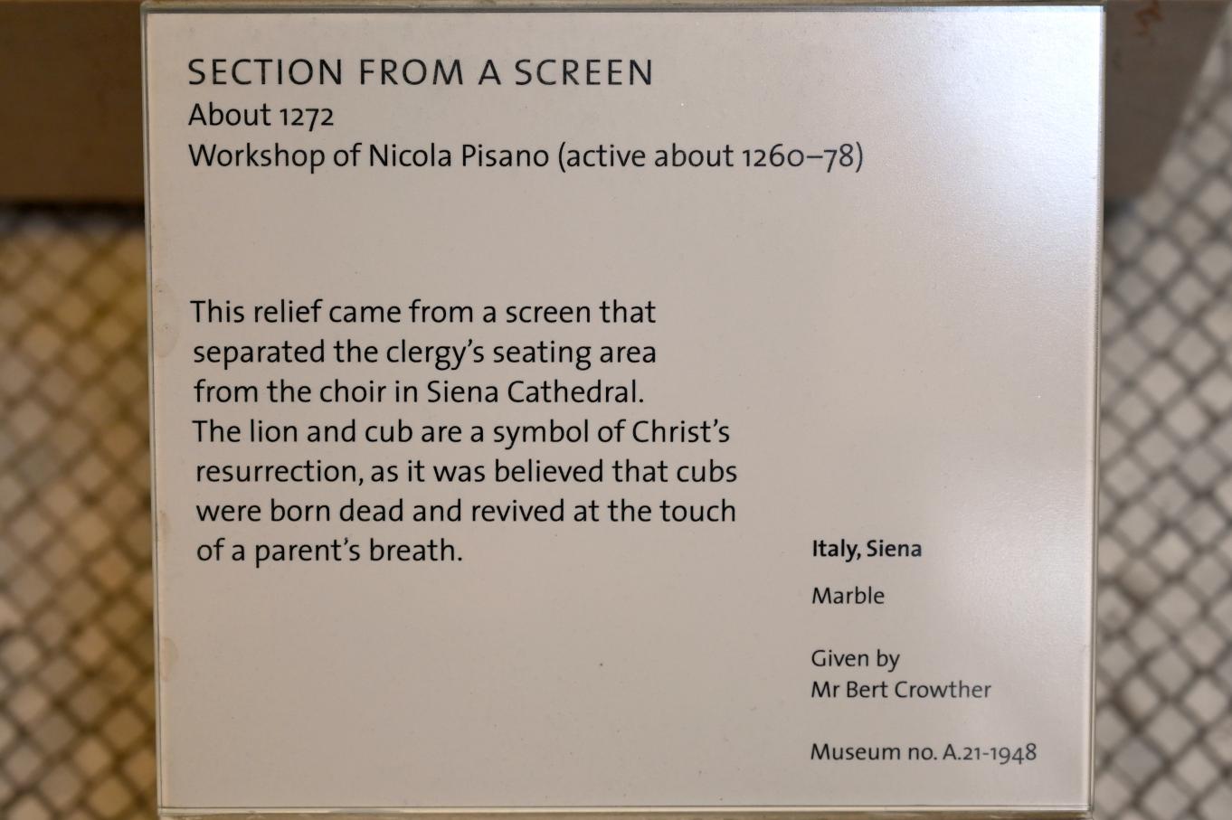 Niccolò Pisano (Werkstatt) (1265–1272), Teile eines Lettners, London, Victoria and Albert Museum, 0. Etage, Mittelalter und Renaissance, um 1272, Bild 3/3