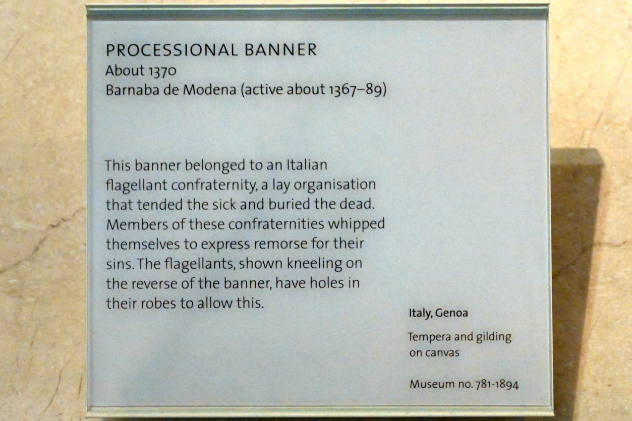 Barnaba da Modena (Barnaba Agocchiari) (1350–1377), Prozessionsbanner, London, Victoria and Albert Museum, -1. Etage, Mittelalter und Renaissance, um 1370, Bild 2/2