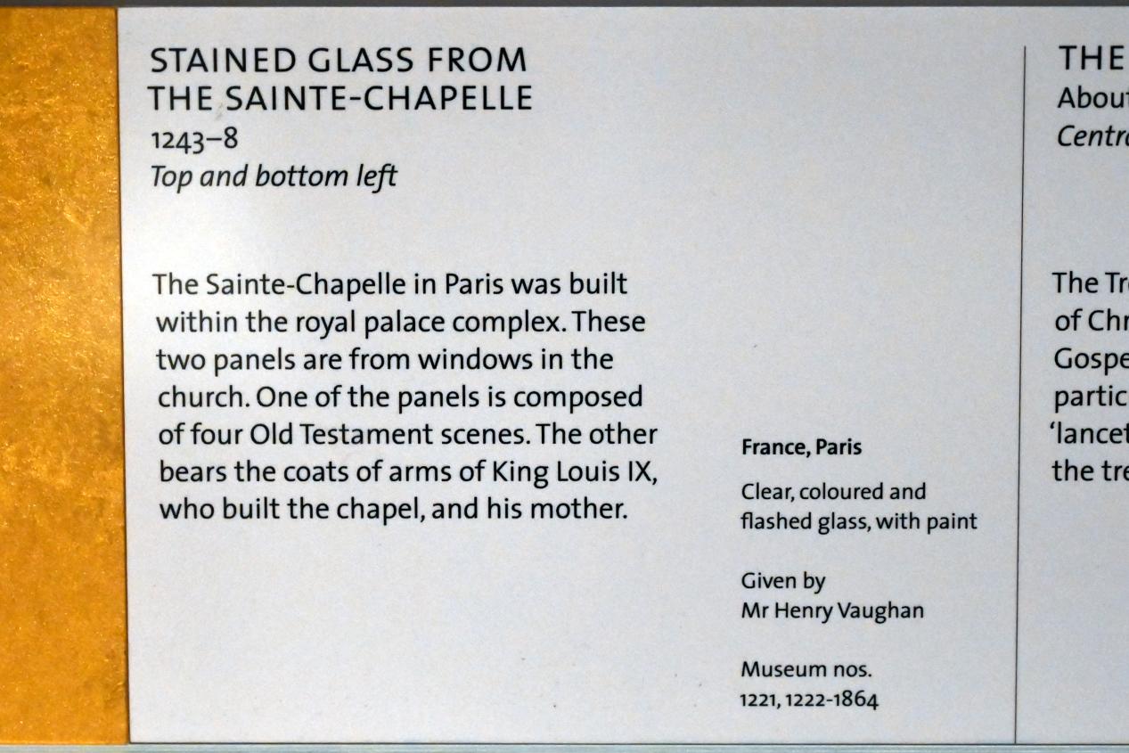 Kirchenfenster mit dem Wappen des Erbauers der Kapelle König Ludwig IX. und seiner Mutter, Paris, Sainte-Chapelle, jetzt London, Victoria and Albert Museum, -1. Etage, Mittelalter und Renaissance, 1243–1248, Bild 2/2