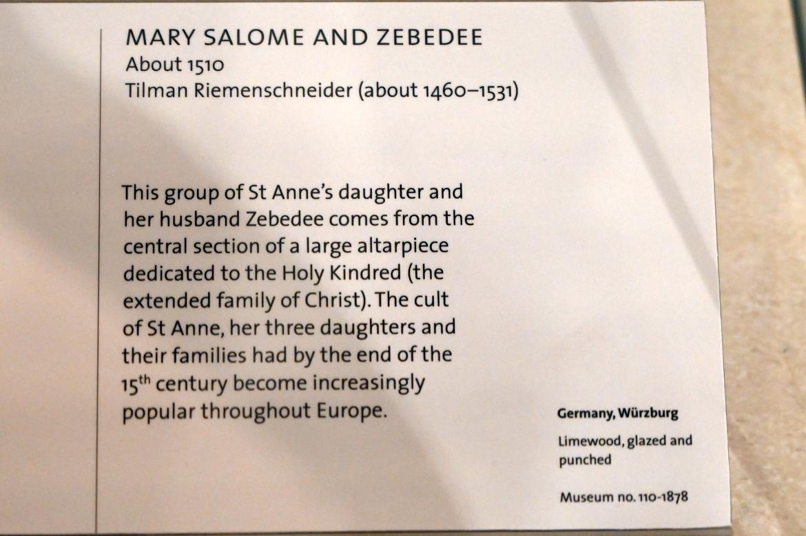 Tilman Riemenschneider (1487–1523), Maria Salome von Galiläa und Zebedäus, London, Victoria and Albert Museum, 1. Etage, um 1510, Bild 3/3
