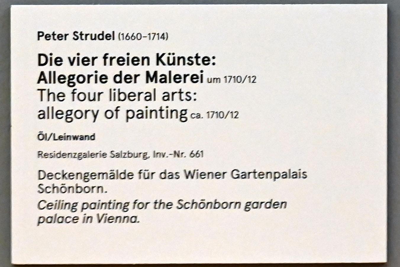 Peter Strudel (1692–1711), Die vier freien Künste: Allegorie der Malerei, Wien, Gartenpalais Schönborn, jetzt Salzburg, Salzburger Residenz, Residenzgalerie, um 1710–1712, Bild 2/3