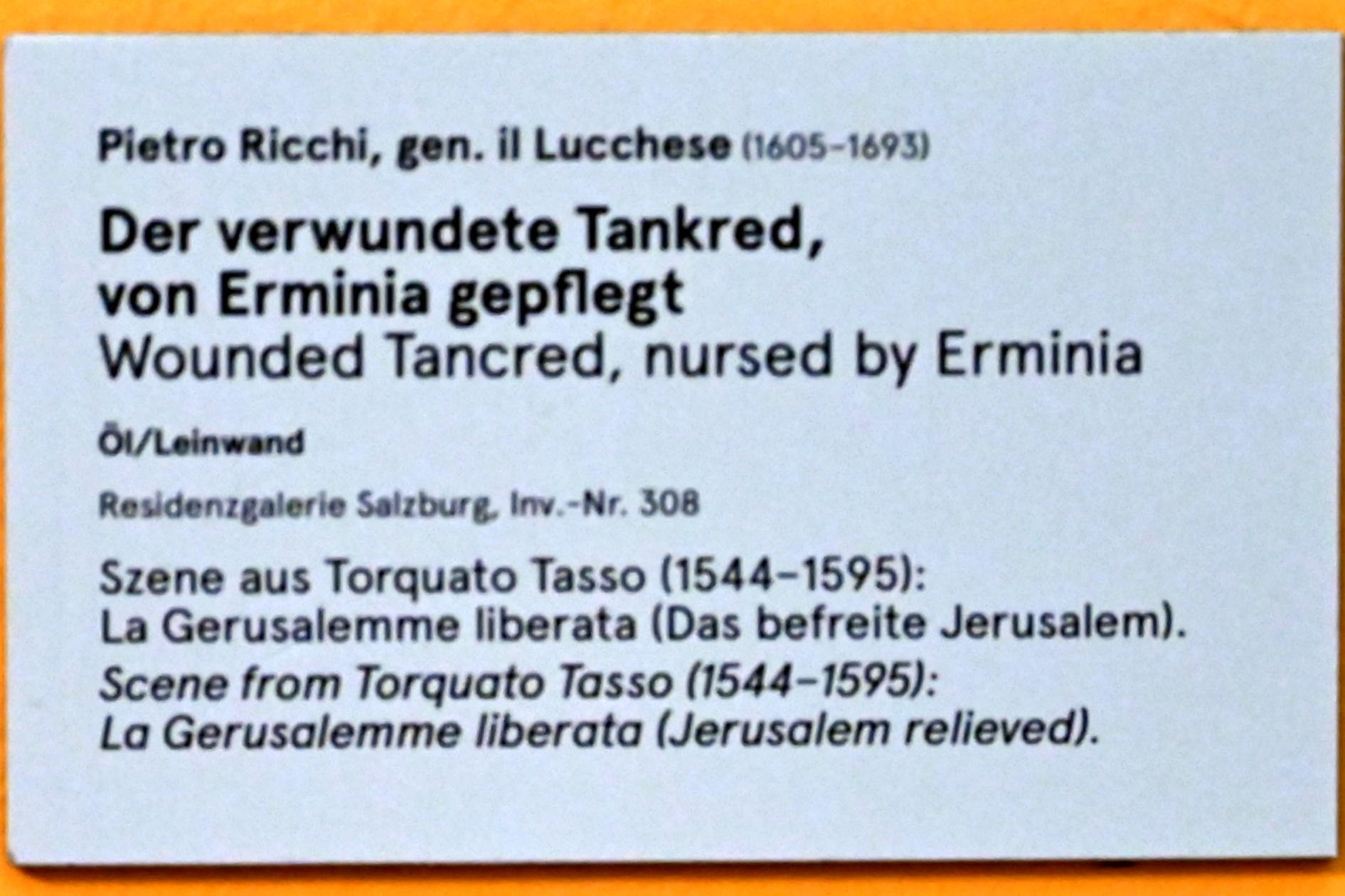 Pietro Ricchi (1662), Der verwundete Tankred, von Erminia gepflegt, Salzburg, Salzburger Residenz, Residenzgalerie, Undatiert, Bild 3/3