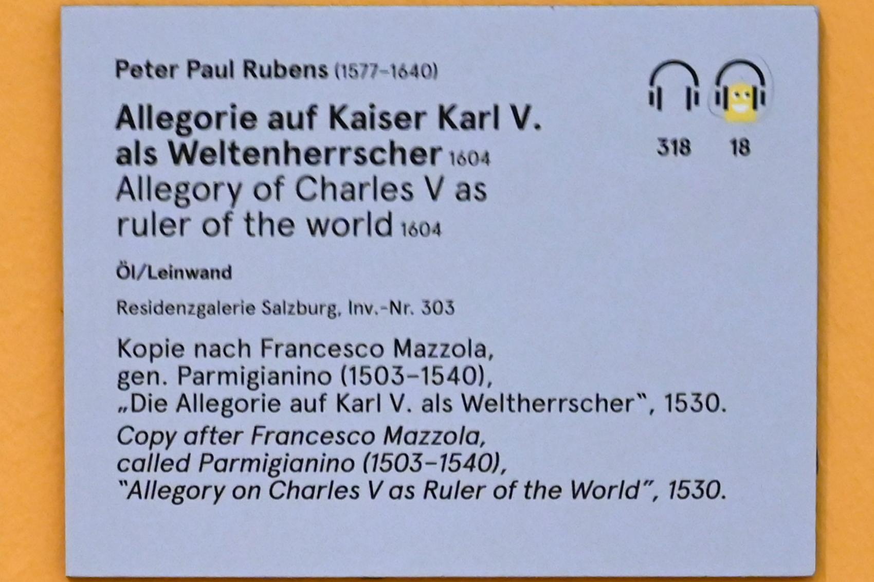 Peter Paul Rubens (1598–1650), Allegorie auf Kaiser Karl V. als Weltenherrscher, Salzburg, Salzburger Residenz, Residenzgalerie, 1604, Bild 3/4