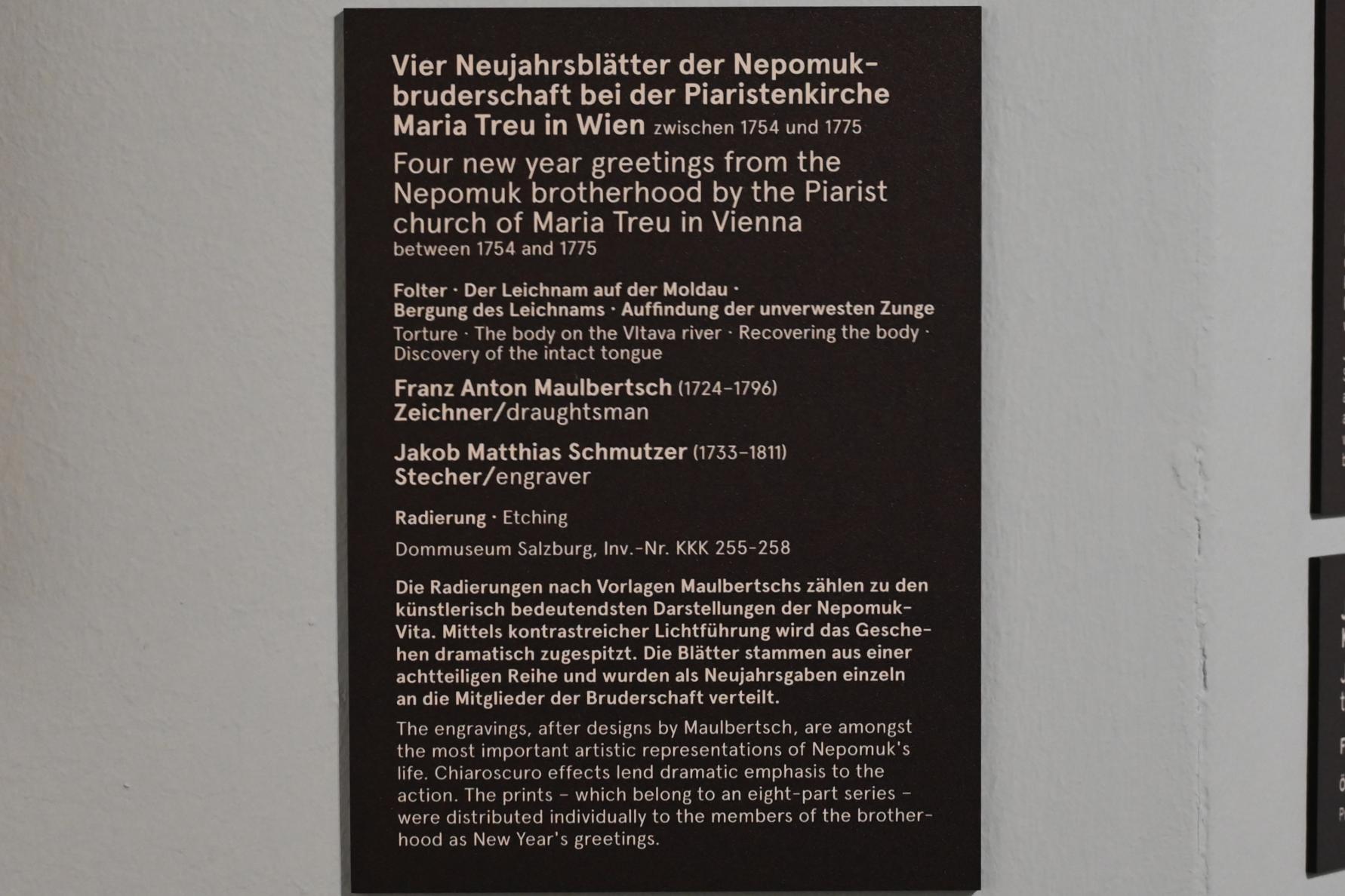 Franz Anton Maulbertsch (1749–1794), Vier Neujahrsblätter der Nepomukbruderschaft bei der Piaristenkirche Maria Treu in Wien, Salzburg, Dommuseum Salzburg, 1754–1775, Bild 2/2