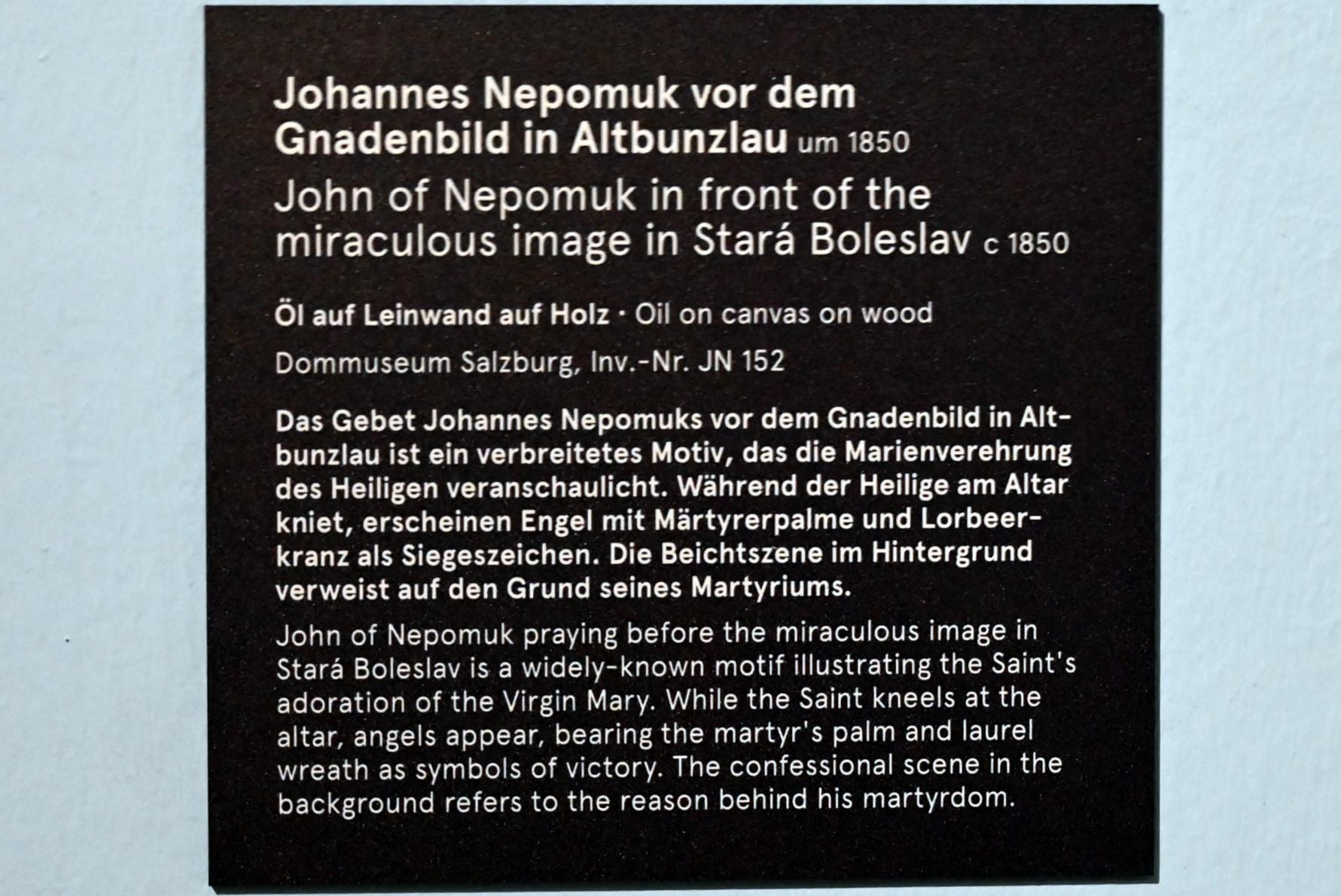 Johannes Nepomuk vor dem Gnadenbild in Altbunzlau, Salzburg, Dommuseum Salzburg, um 1850, Bild 2/2