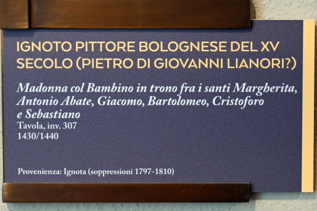 Thronende Maria mit Kind und den hll. Margareta, Antonius Abbas, Jakobus, Bartholomäus, Christophorus und Sebastian, Bologna, Pinacoteca Nazionale, Saal 4, 1430–1440, Bild 2/2