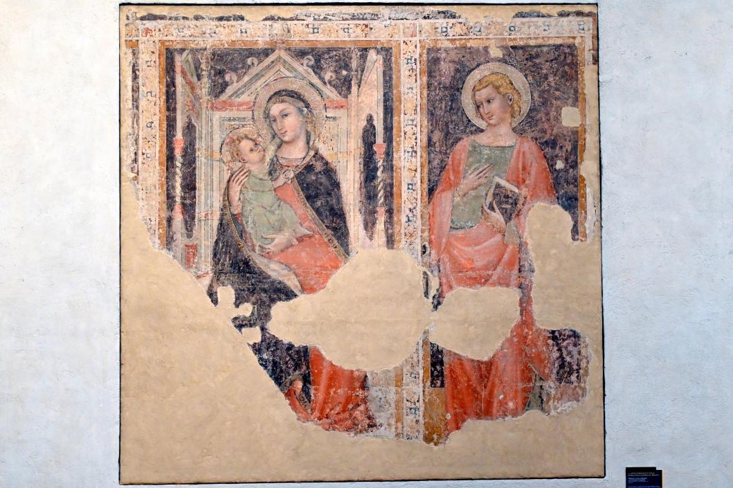Andrea dei Bruni (1362–1370), Thronende Madonna mit Kind und dem Evangelisten Johannes, Bologna, ehem. Kirche Santa Maria Maddalena, jetzt Bologna, Pinacoteca Nazionale, Saal 6, 1360–1365