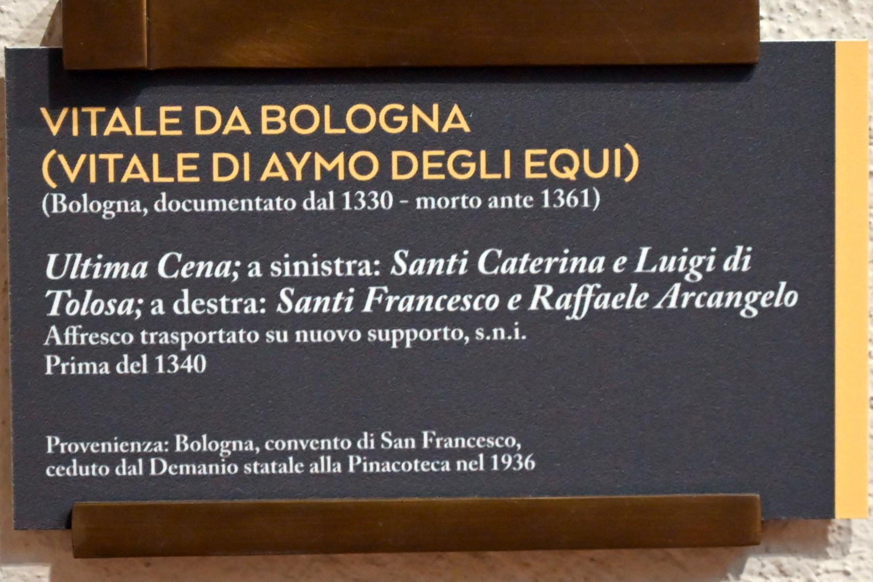 Vitale da Bologna (1329–1350), Letzte Abendmahl und die Heiligen Katharina, Ludwig von Toulouse, Franziskus und Erzengel Raphael, Bologna, Kloster San Francesco, jetzt Bologna, Pinacoteca Nazionale, Saal 6, 1340–1345, Bild 5/5