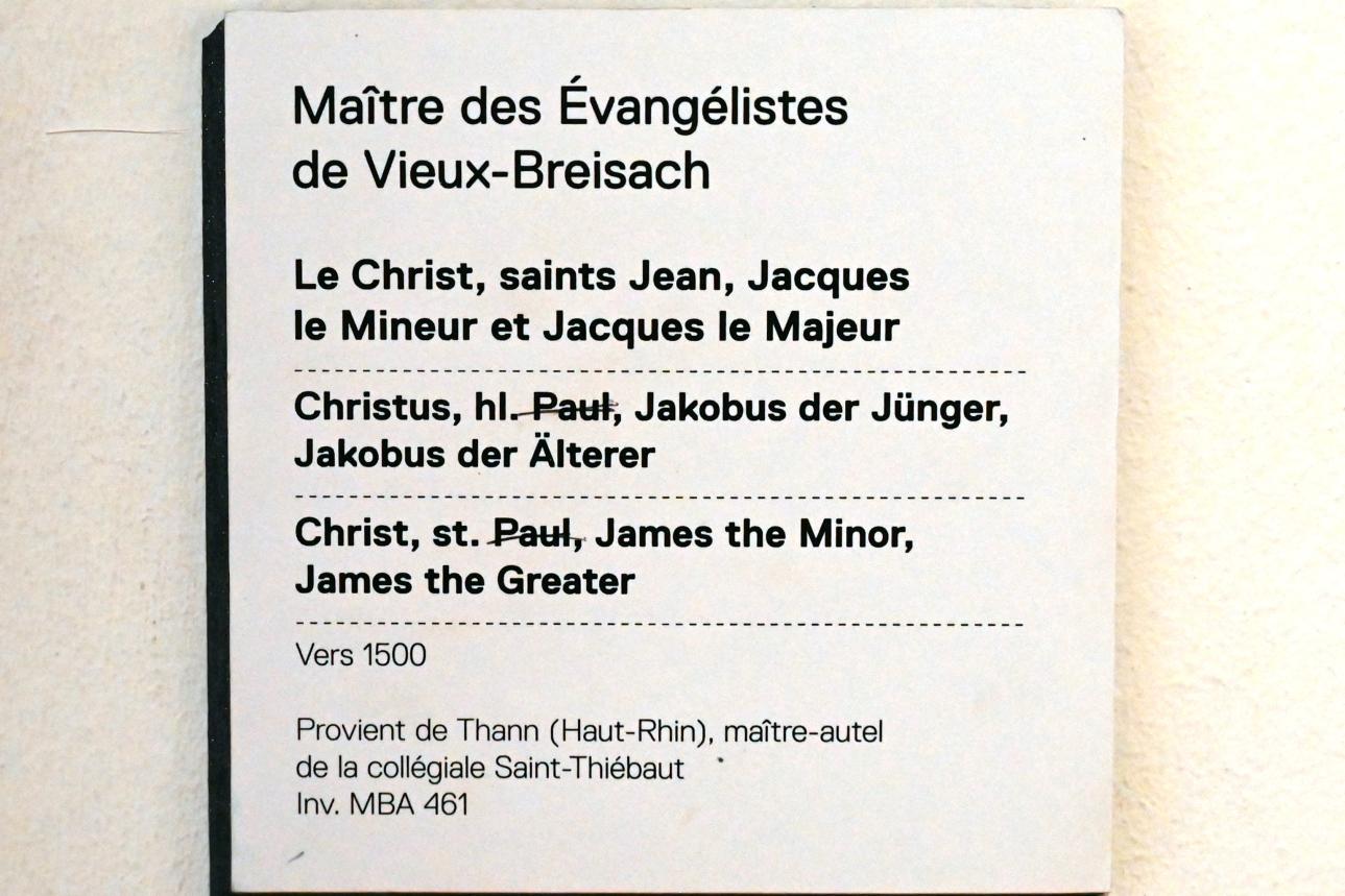 Christus mit den heiligen Johannes, Jakobus der Ältere und Jakobus der Jüngere, Thann, Münster zu Thann, jetzt Straßburg, Musée de l’Œuvre Notre-Dame (Frauenhausmuseum), um 1500, Bild 2/2