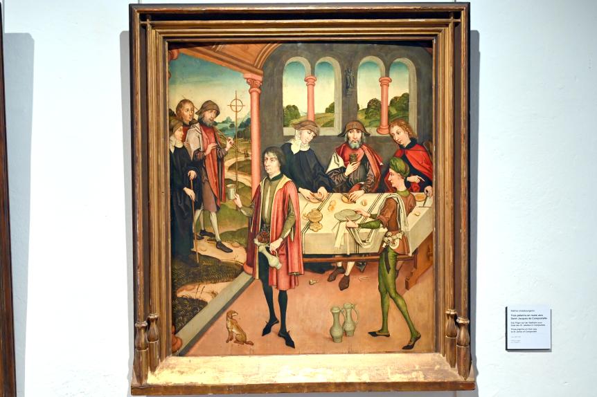 Drei Pilger auf der Wallfahrt zum Grab des Hl. Jakobus in Compostela, Straßburg, Musée de l’Œuvre Notre-Dame (Frauenhausmuseum), um 1480–1490, Bild 1/2