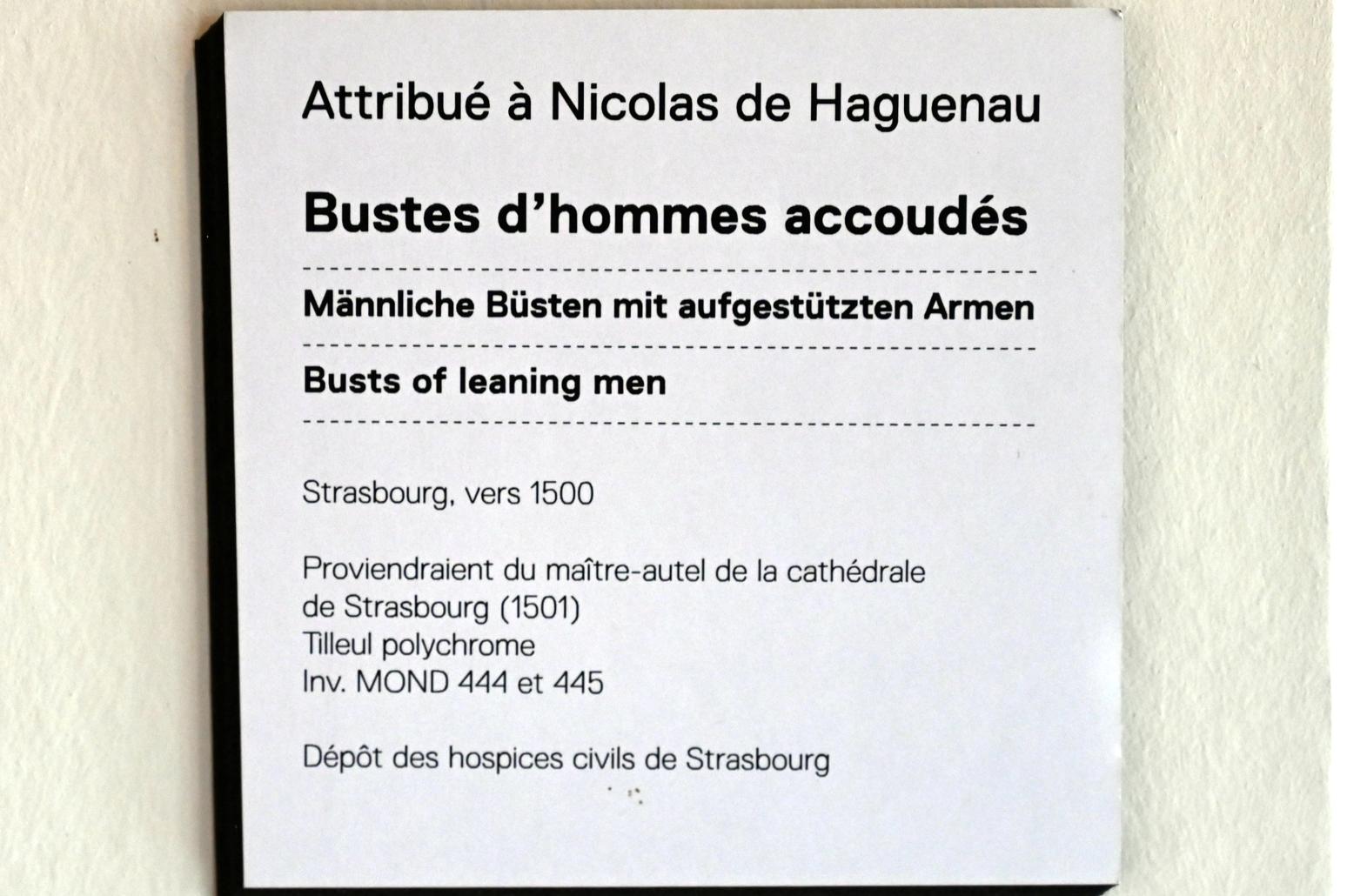 Niklaus von Hagenau (Niklas Zimmerlin) (1485–1500), Männliche Büste mit aufgestützten Armen, Straßburg, Straßburger Münster, jetzt Straßburg, Musée de l’Œuvre Notre-Dame (Frauenhausmuseum), um 1500, Bild 3/3