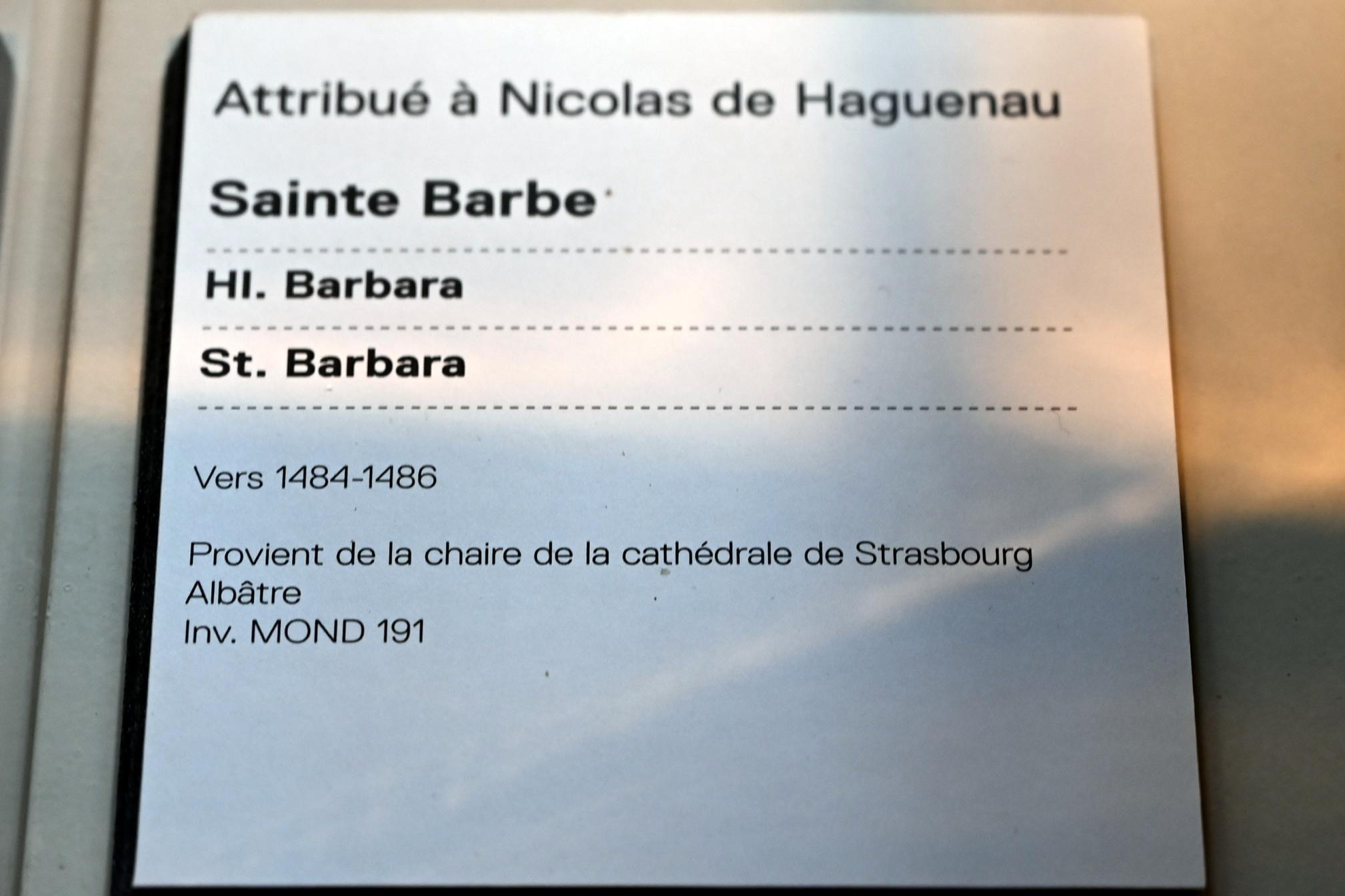 Niklaus von Hagenau (Niklas Zimmerlin) (1485–1500), Heilige Barbara, Straßburg, Straßburger Münster, jetzt Straßburg, Musée de l’Œuvre Notre-Dame (Frauenhausmuseum), um 1484–1486, Bild 3/3