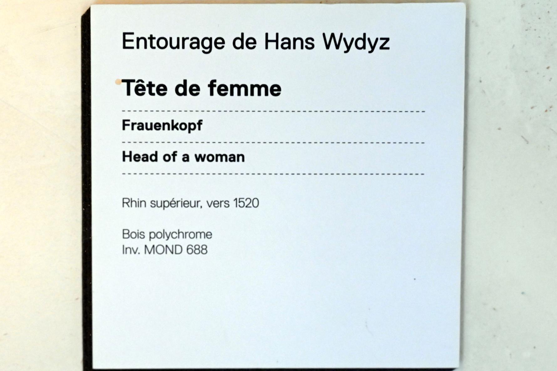 Hans Wydyz (Umkreis) (1520–1522), Frauenkopf, Straßburg, Musée de l’Œuvre Notre-Dame (Frauenhausmuseum), um 1520, Bild 2/2