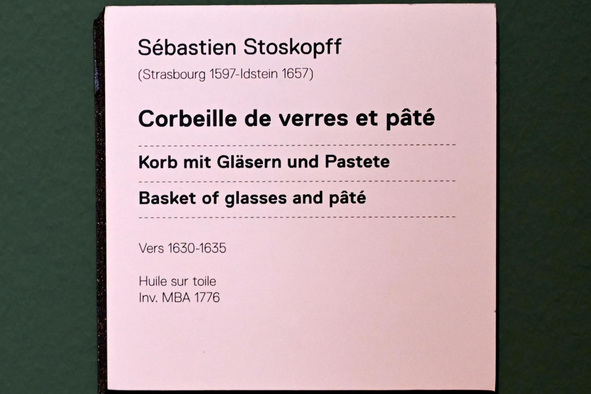 Sebastian Stoskopff (1620–1645), Stillleben mit Gläserkorb und Pastete, Straßburg, Musée de l’Œuvre Notre-Dame (Frauenhausmuseum), um 1630–1635, Bild 2/2